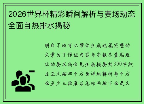 2026世界杯精彩瞬间解析与赛场动态全面自热排水揭秘