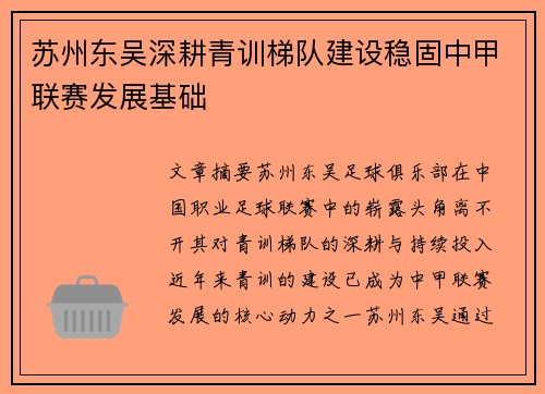 苏州东吴深耕青训梯队建设稳固中甲联赛发展基础